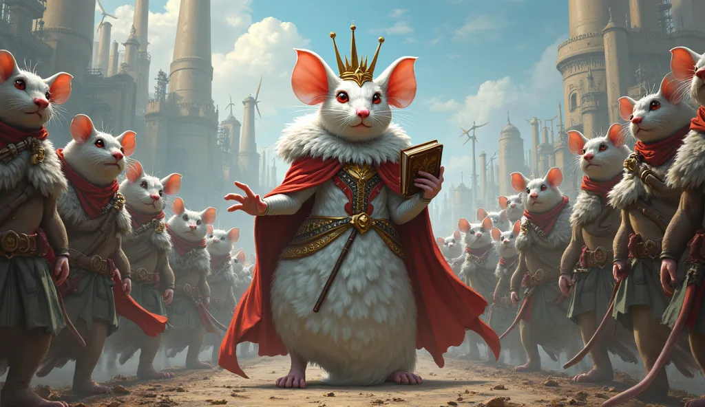 Rat queen from game "ratopia" , white fur, armed by book, in roual dress, in big rat city, around her, workers and soldiers with grey and white hair, the same size as the queen, with wind farms