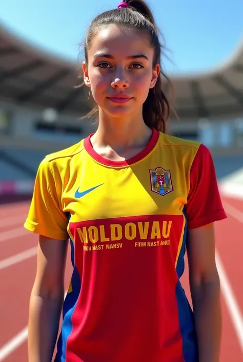 The girl is an athlete wearing a shirt of the national colors of Moldova and the shirt says Chisinau from nasty pants