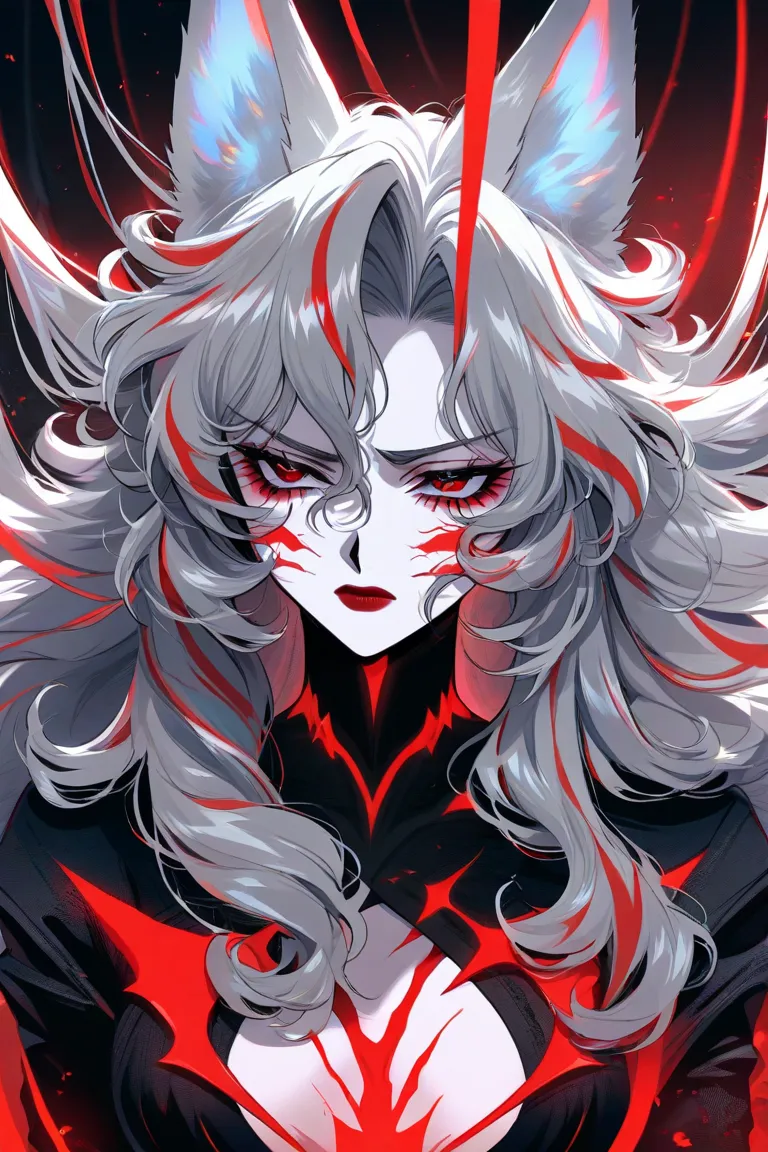 Most beautiful woman in the world, black streaks, gray hair, disheveled hair, frizzy hair, curly hair, black suit with red details, red and black eyes, long hair, wolf ears, wolf tail, sharp teeth, slender , volumous hair, rosy cheeks, pale skin, cold expr...