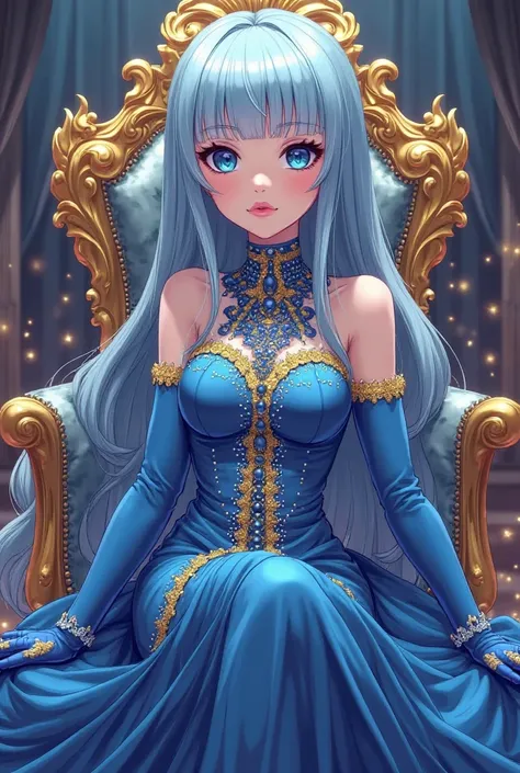 Full view of the dress, 2D anime, MegaMan ZX art style, Cyborg age girl, long straight silky light blue hair, square across forehead front bangs, dark blue eyes, Very detailed extravagant very long blue form fitting high neckline dress, and gold trim, and ...