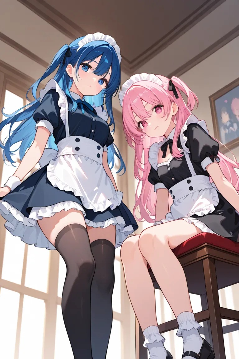 two girls　blue hair　pink hair、Maid、sitting、frill socks、from below、 Ashikiri、is embarrassing、legwear、Top Quality、uncorrected、