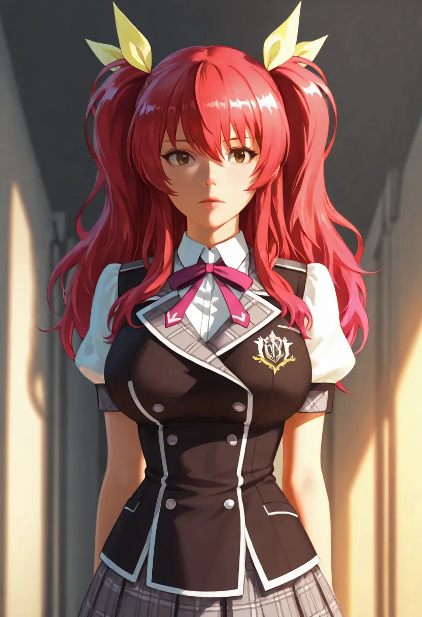 ((RAW photos), masterpiece, best quality, (Extremely detailed 8k unity CG wallpaper), (best illustration), (best shade), Realistic lighting, detailed and beautiful glitter, (( 21 years old)),  female character Stella Vermillion from the anime Rakudai Kishi...