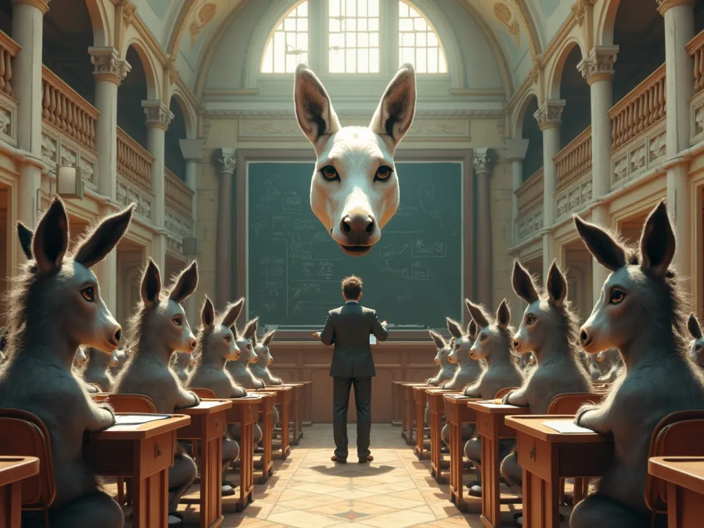 Create a surreal picture of a school section that includes a group of donkeys sitting in chairs and a stadium with the head of a dog writing on the blackboard 