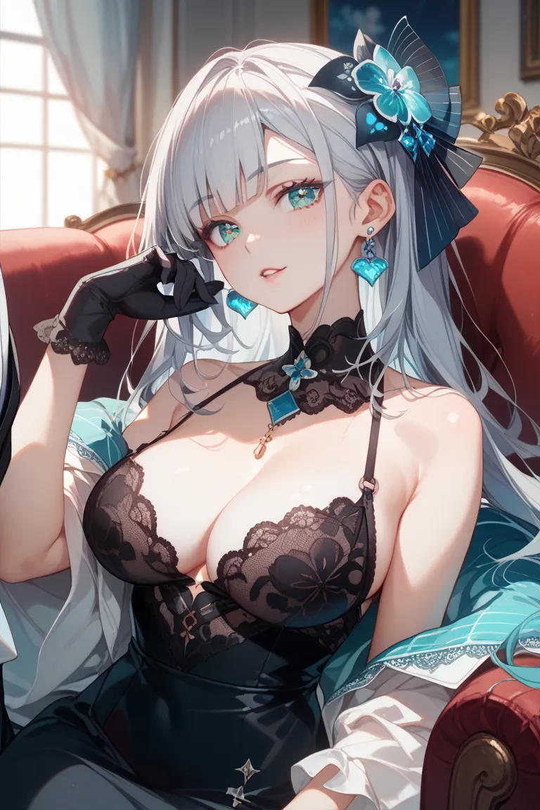 woman、aquamarine eyes、 Silver Hair、long hair、Garnet Rings 、white skin、Big Breasts、 Slim、 Black Lace Dress 、dress gloves、 male、adults、Garnet eyes 、 black hair、Short Hair、aquamarine earring on one ear、Beauty、Demon