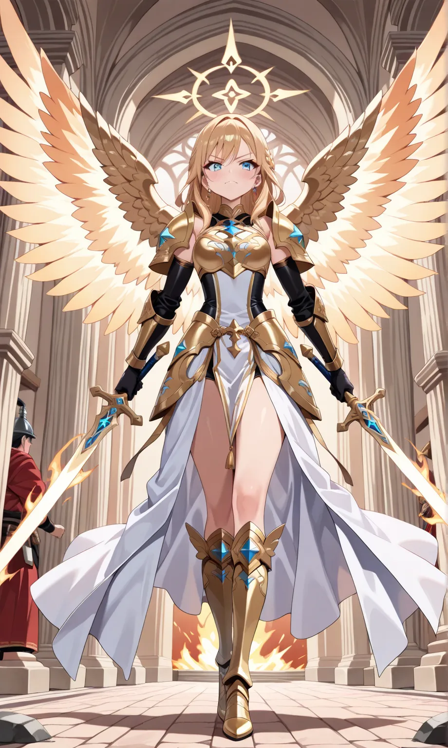 (((masterpiece, best quality, high detailed, 16k))) (1girl) A powerful angelic warrior with short golden hair and piercing blue eyes, wearing shining, intricately detailed golden armor with large, radiant wings. She wields a flaming sword, her expression s...