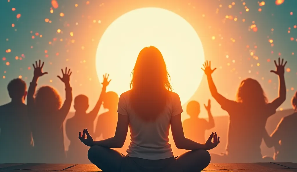 Person meditating with a peaceful, serene expression. Cut to visuals of joy and success (e.g., laughing, embracing success).