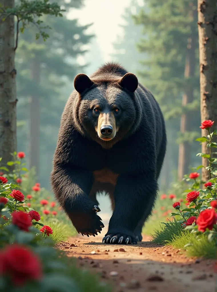 A big black bear,  walking on a dirt road , With forest around,  red roses around 