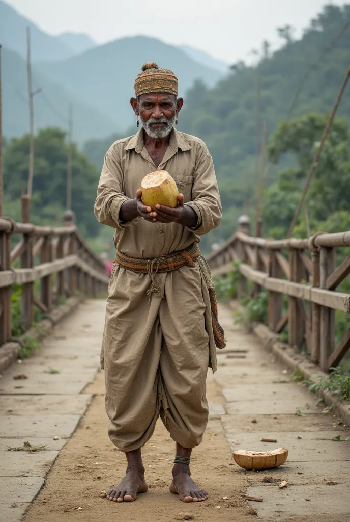 a man hiting coconut on the new bridge who is wearing dhaka topi and daura suruwal in nepal