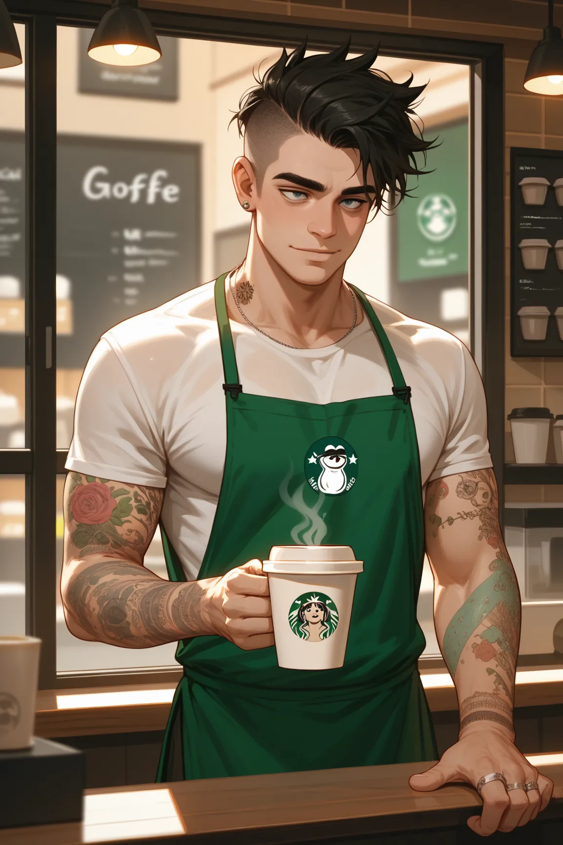 Man, tall, toned forearms, coffee shop barista, drive through window, messy mullet, tattoos, rings, stripped shirt, goofy, mustashe,