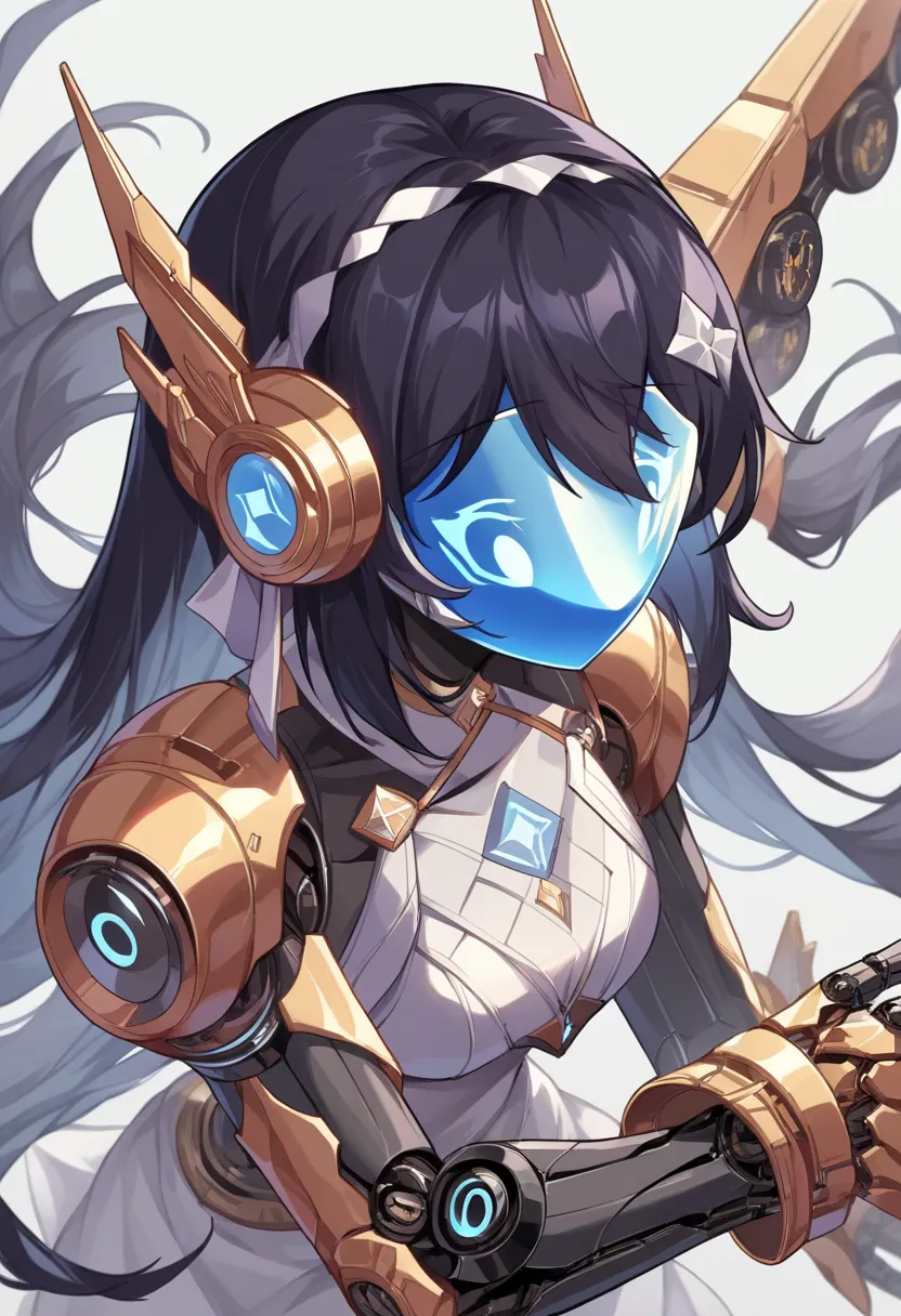 score_9, score_8_above, source_anime, Mechanical Devices,  mechanical arms ,  mechanical legs , mechanical eyes, mechanical mouth, female, horb jet therefore hair, black inner hair ,  protogen visor, therefore, gold, color scheme black.