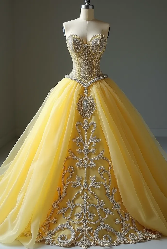 Create me a big gown with gems as the lower part in coloyellow and baby blue. Make it sleeveless and backless. The sleeves will be three rows or gems or pearls hanging from the shoulder. The chest part in the front will be heart shaped.