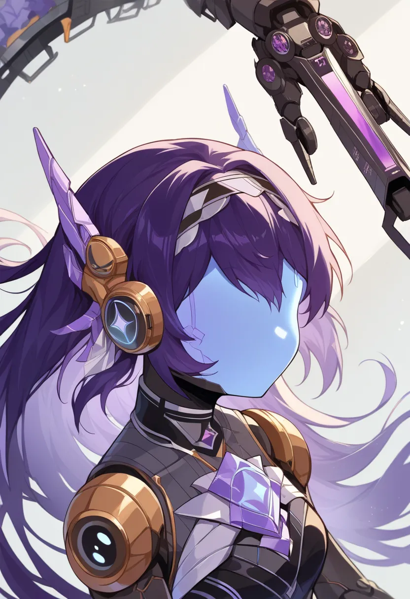 score_9, score_8_above, source_anime, Mechanical Devices,  mechanical arms ,  mechanical legs , mechanical eyes, mechanical mouth, female, horb jet therefore hair, purple inner hair,  protogen visor, therefore, gold, purple color scheme.