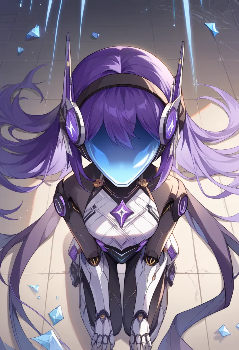 score_9, score_8_above, source_anime, Mechanical Devices,  mechanical arms ,  mechanical legs , mechanical eyes, mechanical mouth, female, horb jet therefore hair, purple inner hair,  protogen visor, therefore, gold, purple color scheme.