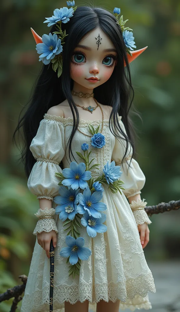 An elf with knee-length black hair with a mole in the middle of her eyes almost on her forehead wearing a medieval lace dress with blue and light blue flowers and marton shoes with a black wand in her left hand 