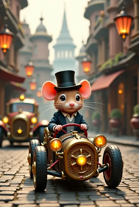 Steampunk mouse wearing a suit/hat, driving a roadster on a steampunk village street, with a human sized steampunk car on the road behind him