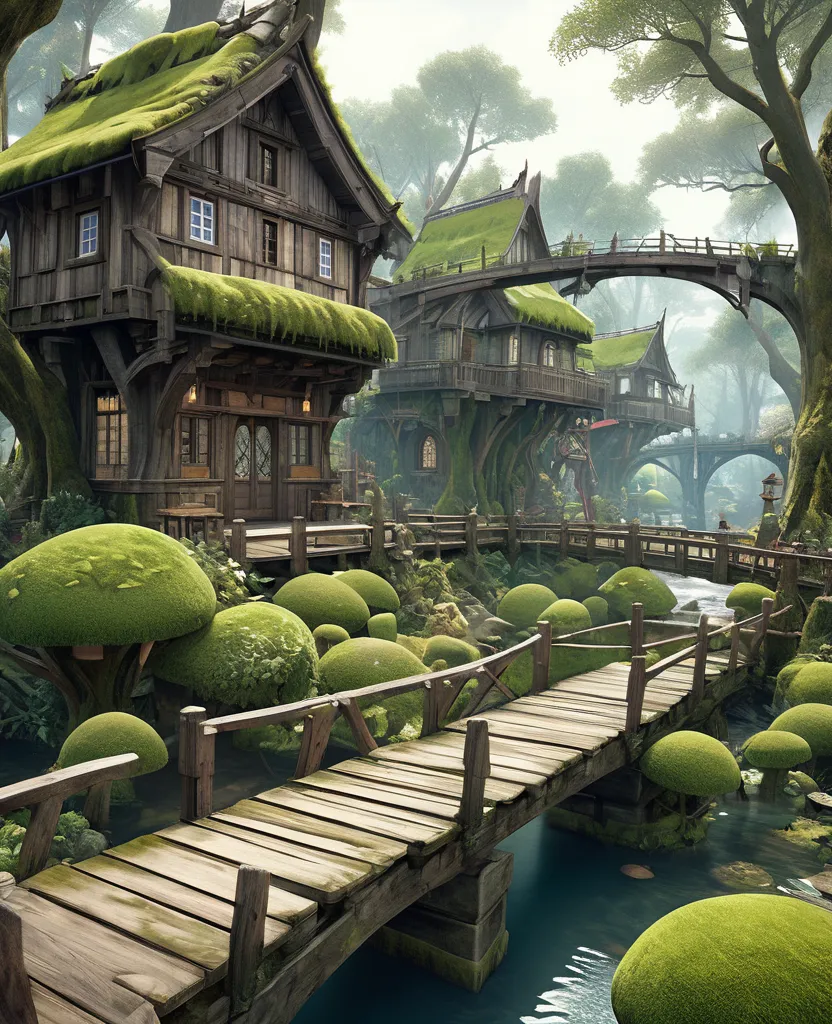 Nature of trees with many branches mosses framed small houses of branches with old bridges of old boards with mosses on the top of the fantasy trees ,Final Fantasy style xii,Realistic 3D