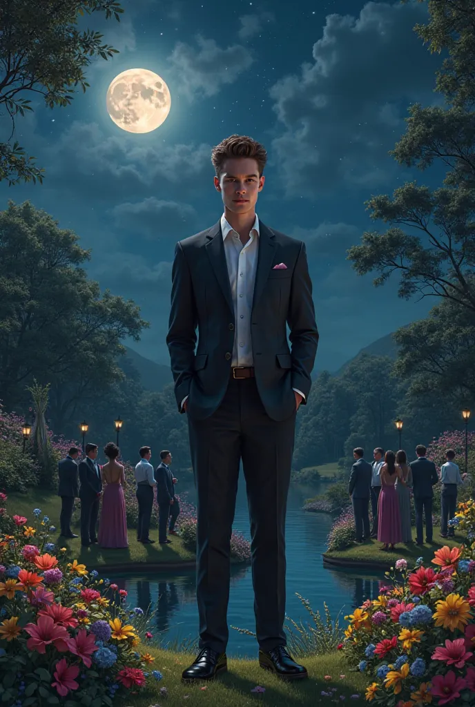 Create an image of a  boy in a suit in a garden on the lake say how at night. There are a lot of people around
The boy is very very very very handsome, tall
Make it very realistic

