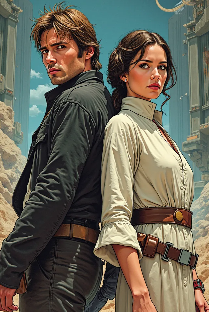 I want an image in which Han and Leía from Star Wars appear looking forward in the manga comics style, That is of many details and well defined