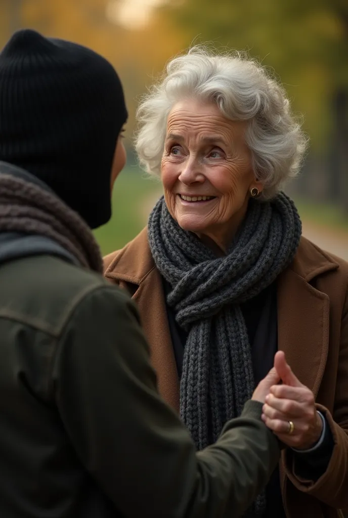 Young Woman in Sexy Balaclava,Helping Grandpa,Important Moments,Tender Dialogue,expressions of compassion, everyday scene ,Green Street Trees,Warm Light,Realistic Portrait , delicate touch ,4K high quality,HDR Photo ,Detailed