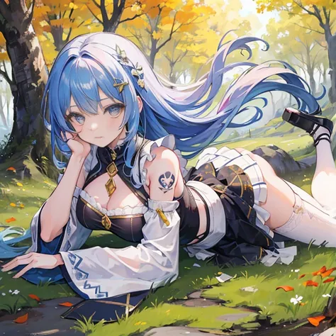     An anime girl in a lightweight witch costume    ,   She is tall   ,     her hair flutters with the wind     ,     leaning against the rough bark of an ancient tree    ,   with seTeny {Ten}    Her sacred and seductive posture attracted nearby mercenarie...