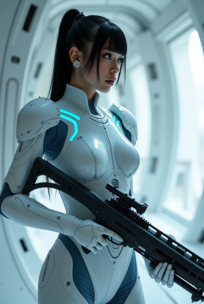 finally, a black-haired woman, Again without a helmet, with armor that is tighter to the body and in white and light blue, much more futuristic with lights and your gun a sniper rifle