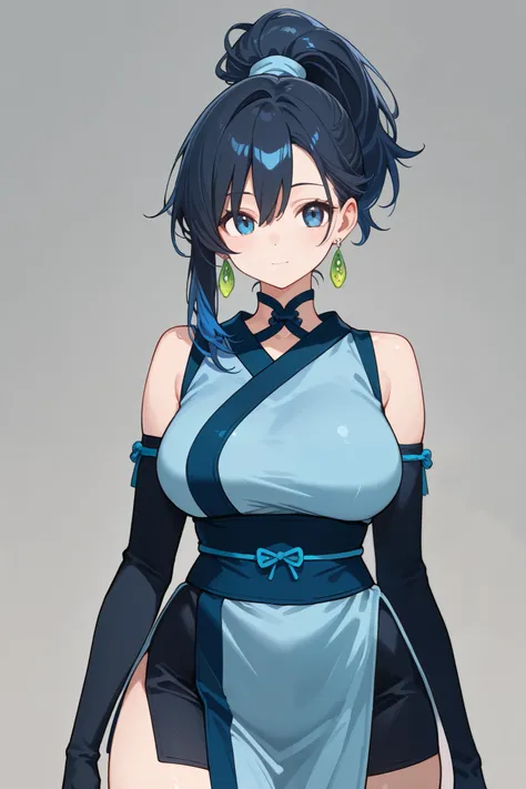 1 girl, Hair tied in ponytail, Black hair with some blue hair on the edges., blue eyes, but not bright, curvy body, wear a sexy kunoichi outfit, หน้าอกไซส์ปานกลาง, have a sliver earrings.