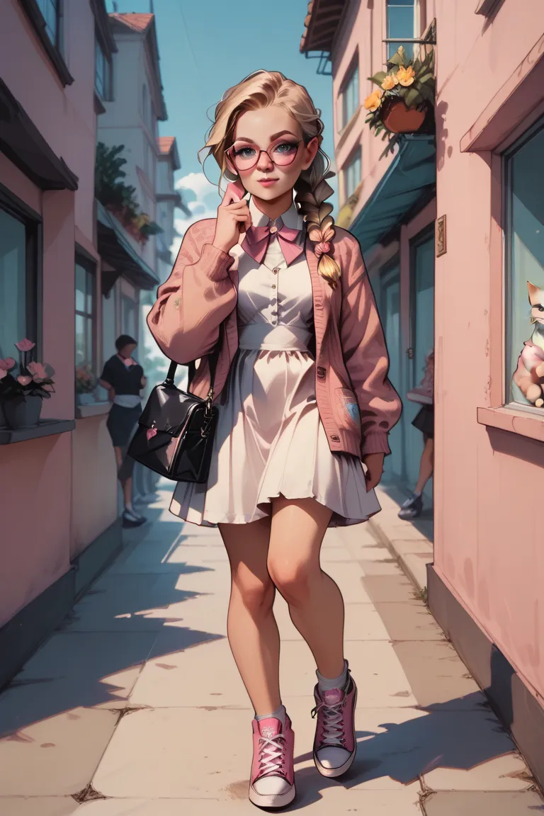 blonde woman with braided hair, pink cat-eye glasses, white flared dress, pink floral cardigan and pink Converse sneakers carrying a cell phone