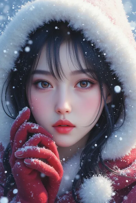 masterpiece, best quality, photorealistic, 1girl, stunning innocent symmetry face, emotional, big breasts, (PureErosFace_V1:0.7), Winter, fur-lined white hood, snow falling, dark hair, innocent expression, red gloves, soft lighting, dreamy atmosphere, snow...