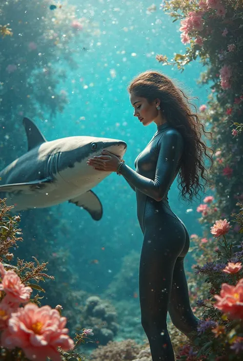 Make a video,  a beautiful woman, Wearing a diving suit, of flowers caressing a shark 
 