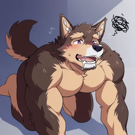 Scribble German Shepherd face,Pubraseer( German Shepherd),(nude:1.3), Muscular , Brown Fur ,( artist :Takemoto Arashi),( buttock bulges:1.3) ,purple eyes,kneel on the ground,respite,moan,Drooling,blush,happy