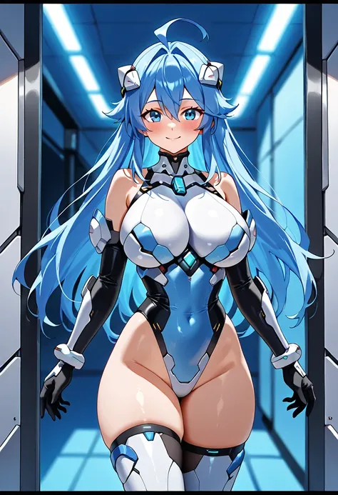 AG Nio, ahoge,fringe,bare shoulders(((,cabelo blue claro com tons escuros, blue,)))blush,neckline, white elbow gloves , black gloves,,eyebrows visible through the hair,blue eyes,hair between the eyes, totally naked hair ornament , long hair, cabelo bright,...