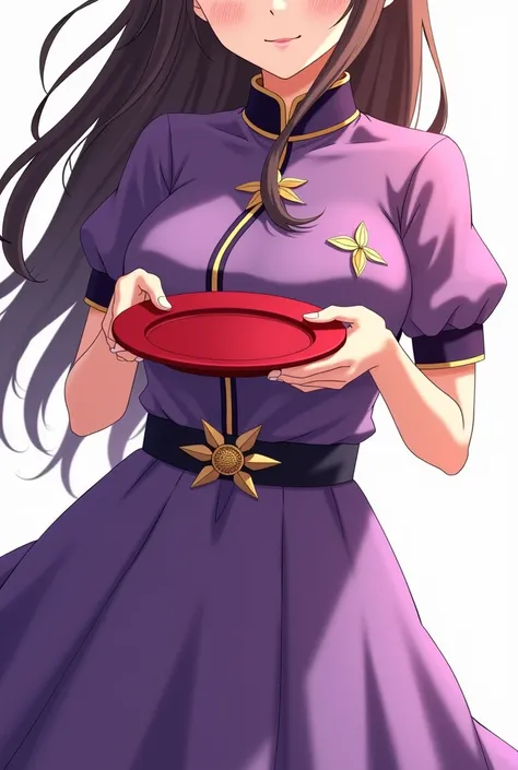 a close up of a woman in a purple dress holding a red plate, an anime drawing by Yang J, pixiv contest winner, shin hanga, keqing from genshin impact, onmyoji detailed art, ayaka genshin impact, zhongli from genshin impact, onmyoji, cute anime waifu in a n...