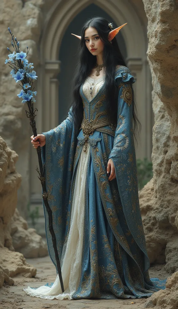 A frieren elf with knee-length black hair with a mole in the middle of her eyes almost on her forehead wearing a medieval lace dress with blue and light blue flowers and marton shoes with a black wand in her left hand 