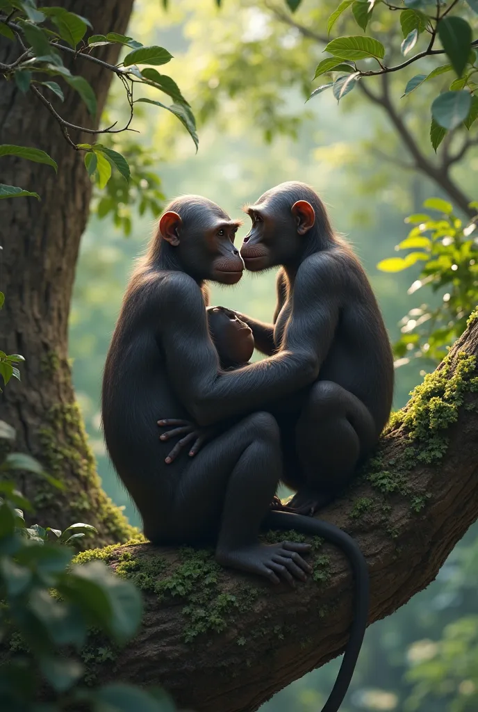 (photorealism:1.2), group of bald bonobos, lustfully coexist with human similarities, caressing each other on top of a tree, Do 