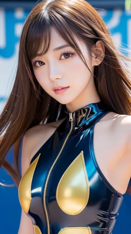  Sexy Cyber Idol Girl 、Perfect dynamic composition of a beautiful and beautiful woman 、 good style、、、、sparkling latex blue and latex gold tennis wear、、colorful hair leaving shoulders、、、、Cyber City、face-closeup、
huge 、long brown hair、 twinkle in both armpit...