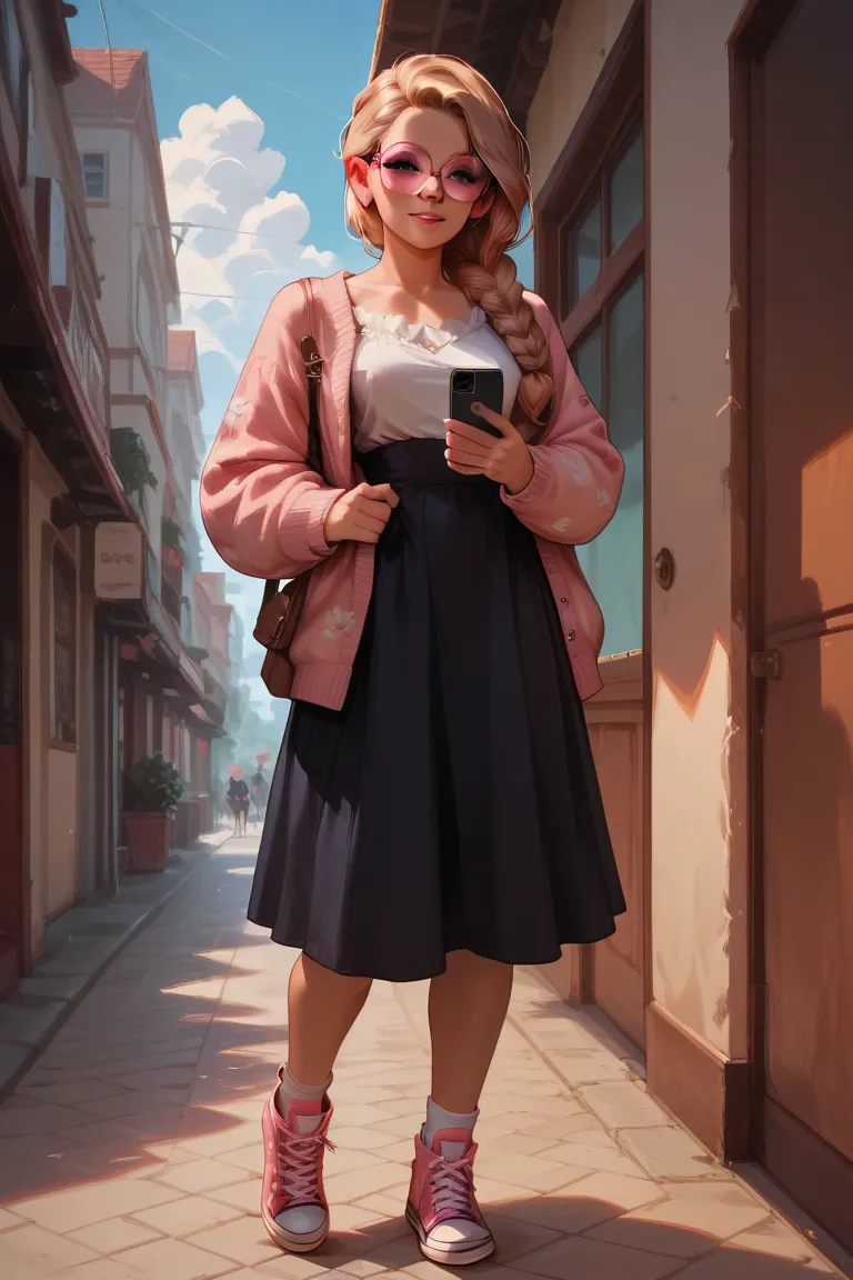 blonde woman with braided hair, pink cat-eye glasses, white flared dress, pink floral cardigan and pink Converse sneakers carrying a cell phone