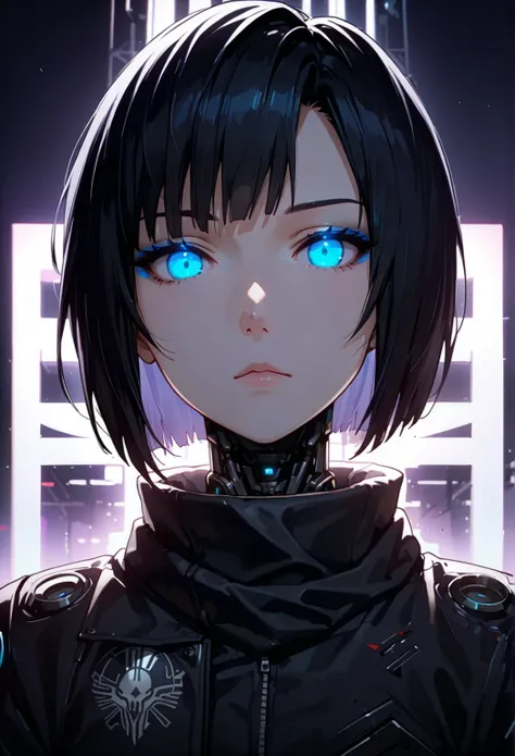 One woman, mature, anime, female anime character, android, Cyb3rWar3, dark blue eyes, sharp face, thin eyes, blue eyeliner, expressionless, black short hair, black hair, sharp face, small chest, black slim mechanical body frame, a loose jacket, mechanical ...