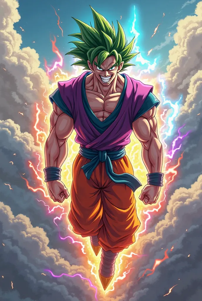 Create a hybrid avatar combining the chaotic nature of *Joker* and the powerful aura of *Goku* flying in the sky. The character should have *Joker’s manic grin and wild green hair*, mixed with *Goku's muscular build and spiky hair*. The outfit should blend...