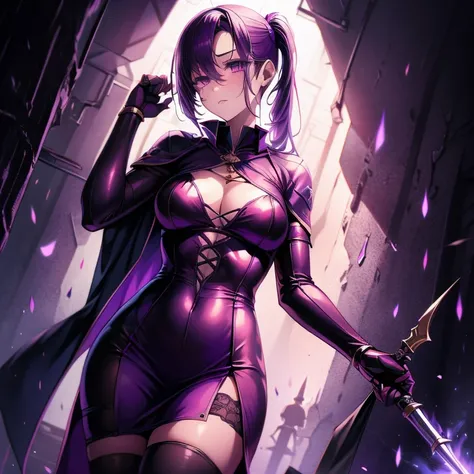 1girl, solo, side swept short ponytail, purple hair, cloaked, assassin, stockings, epic, medium breasts, purple eyes, no expression, masterpiece, medieval background, mommy. 