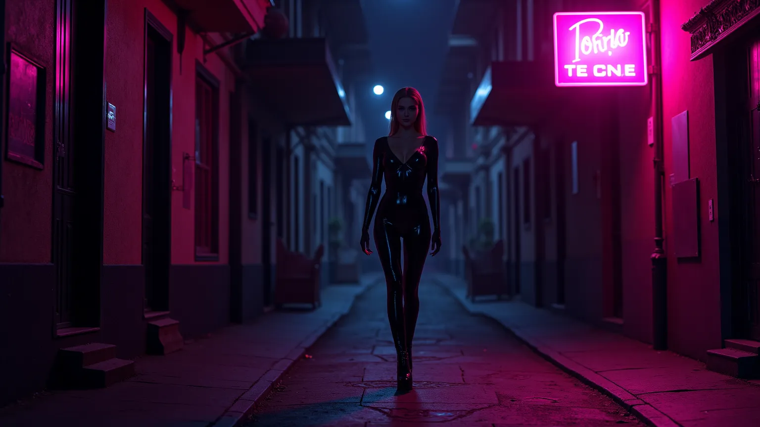 The girl goes down the street alone at night,  latex clothing, High heel boots. You can see a place where it says fuchsia neon "club". full body