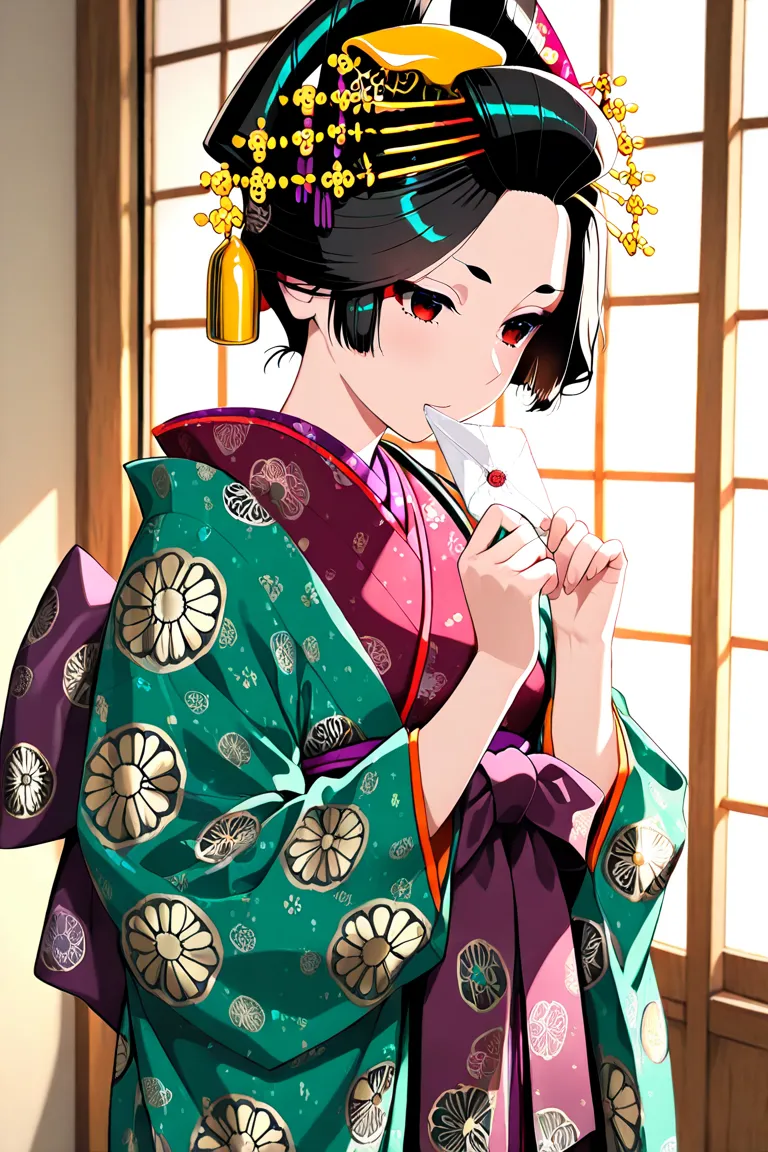 (masterpiece, best quality), oiran, traditional japanese room, holding a folded washi paper letter, looking at it thoughtfully,  elegant posture, warm lighting, soft glow