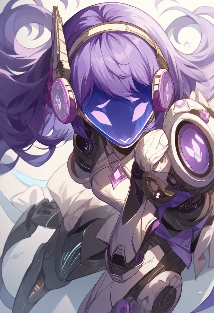 score_9, score_8_above, source_anime, Mechanical Devices,  mechanical arms ,  mechanical legs , mechanical eyes, mechanical mouth, female, horb jet therefore hair, purple inner hair, Protogen visor purple, therefore, purple color scheme.
