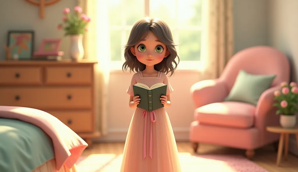 Pretty cute little  looking  green eyes long dress pink ribbon white and red cheerful environment room showing the furniture in the bedroom reading a bible 