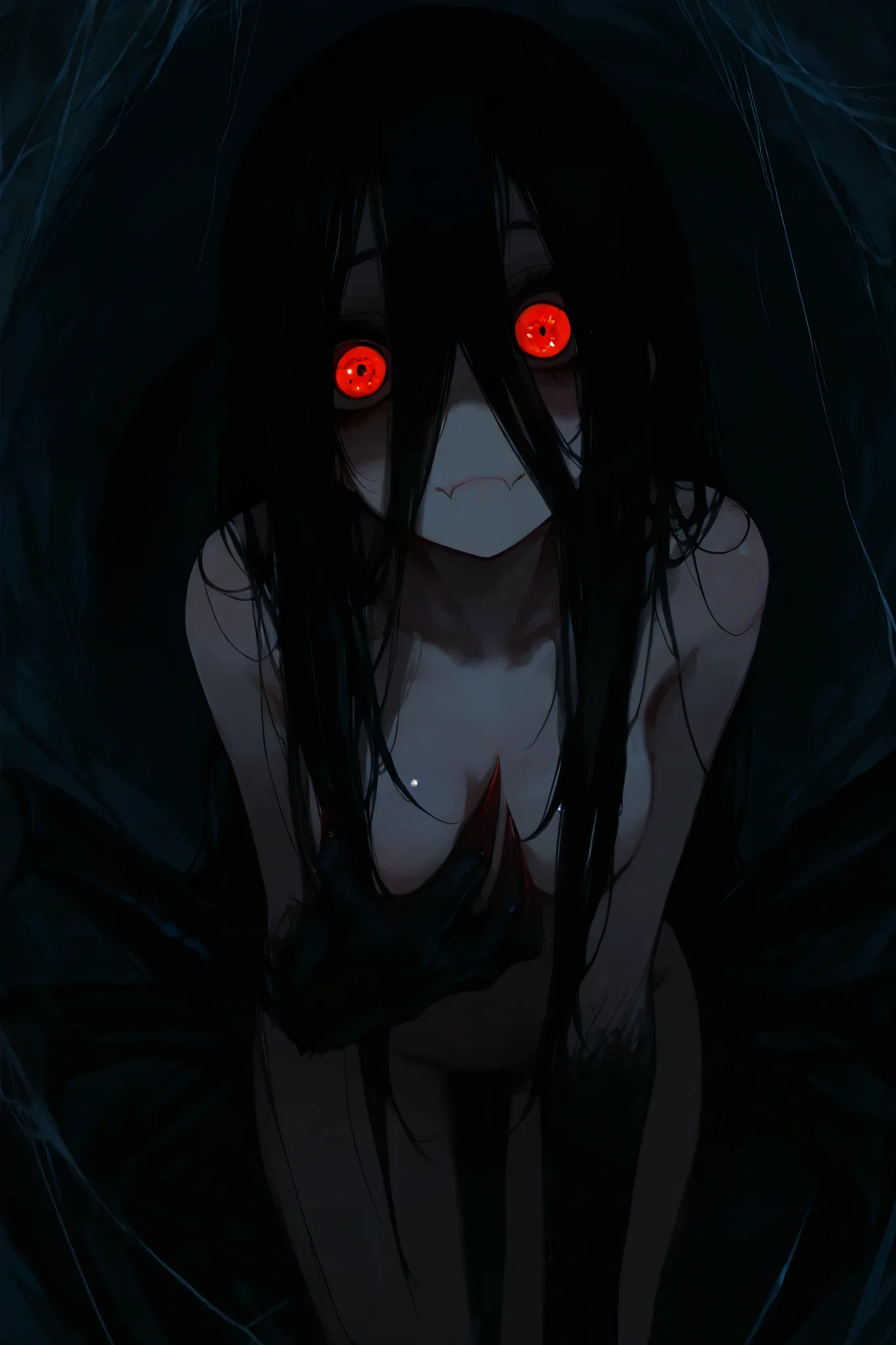 masterpiece, best quality, high resolution, 748cm style, horror, 4k, 8k, flawless, ultra detailed, best quality illumination, best quality shadows, detailed eyes, beautiful girl, 1girl, solo, yandere, crazy, monster girl, arachnid girl, arachne, spider gir...