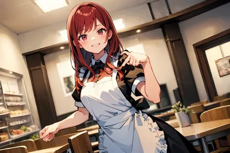 Hand heart, Girl working at maid cafe, red hair, frills, apron, cafe, serving, smiling