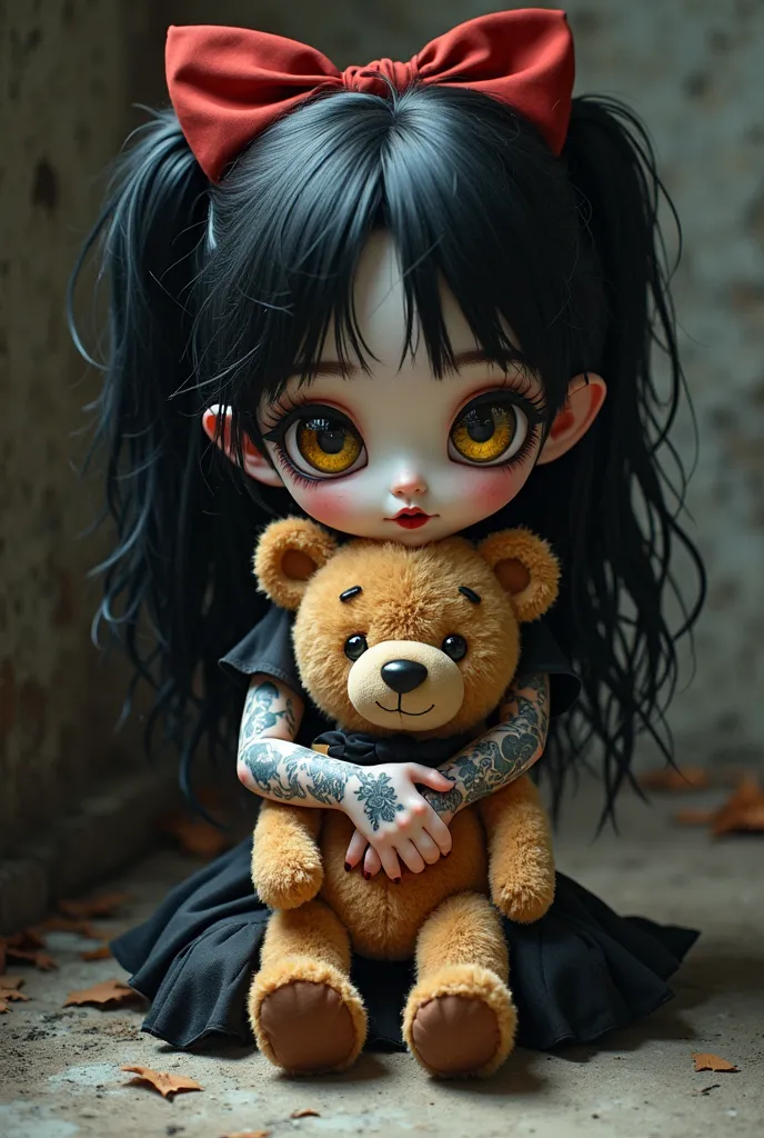 A petite, slender vampire with white skin, long silky black hair, large yellow eyes, small nose, and rounded dark red lips. He appears playful and charming. Sitting on the ground amidst shadows, a goth doll punk boy embraces a teddy bear. His dark attire i...