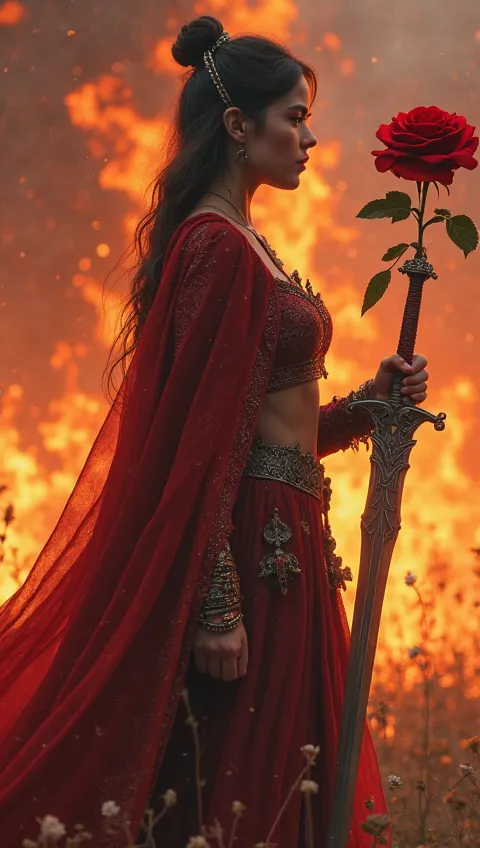 Gothic art, 8K RAW photo, Top Quality, Super Detail, Cinematic Light Effects, ray tracing, Ultra High Definition, High Resolution, 1 girl, solo, A beautiful female warrior carrying a bright red rose and a sword in full bloom in the blazing flames of war