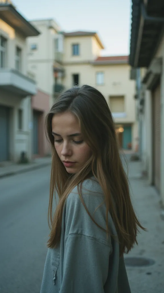 A candid, grainy photo of a young woman in a melancholic, quiet city. The image should look like an old, amateur snapshot, with a slightly blurry or out-of-focus background, emphasizing the subject. The woman is standing in front of a worn, faded building ...