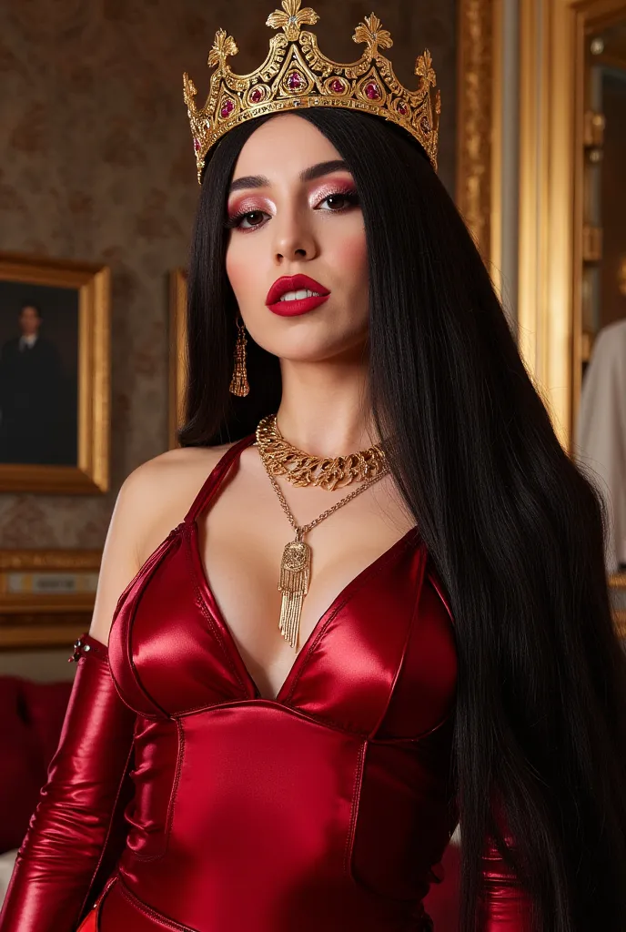 high resolution, Best quality, super detailed, Breasts, Classy latex dress, latex sleeves, gold jewelry,  Very long hair, Krone