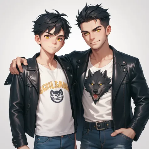 Make a werewolf character style the wolf series Make a YOUNG age man with long black hair tied behind wearing a white V-neck shirt a black leather jacket jeans with bright yellow eyes 